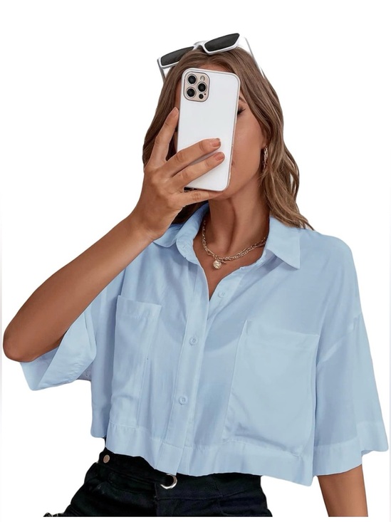 Tops - Light Blue Cropped Button-Up Shirt - Women Tops Medium
